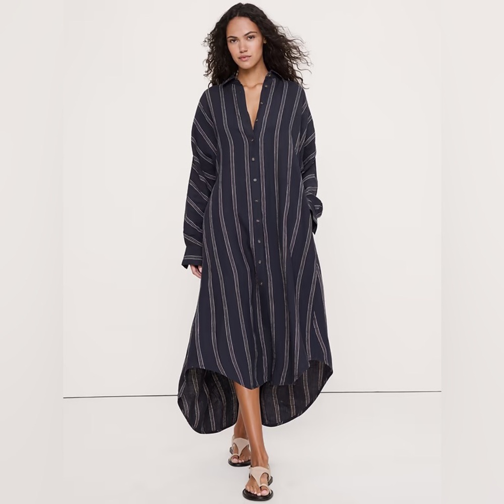 NEW! Banana Republic Navy Blue & White Stripe Linen Midi Shirt Dress - Multiple